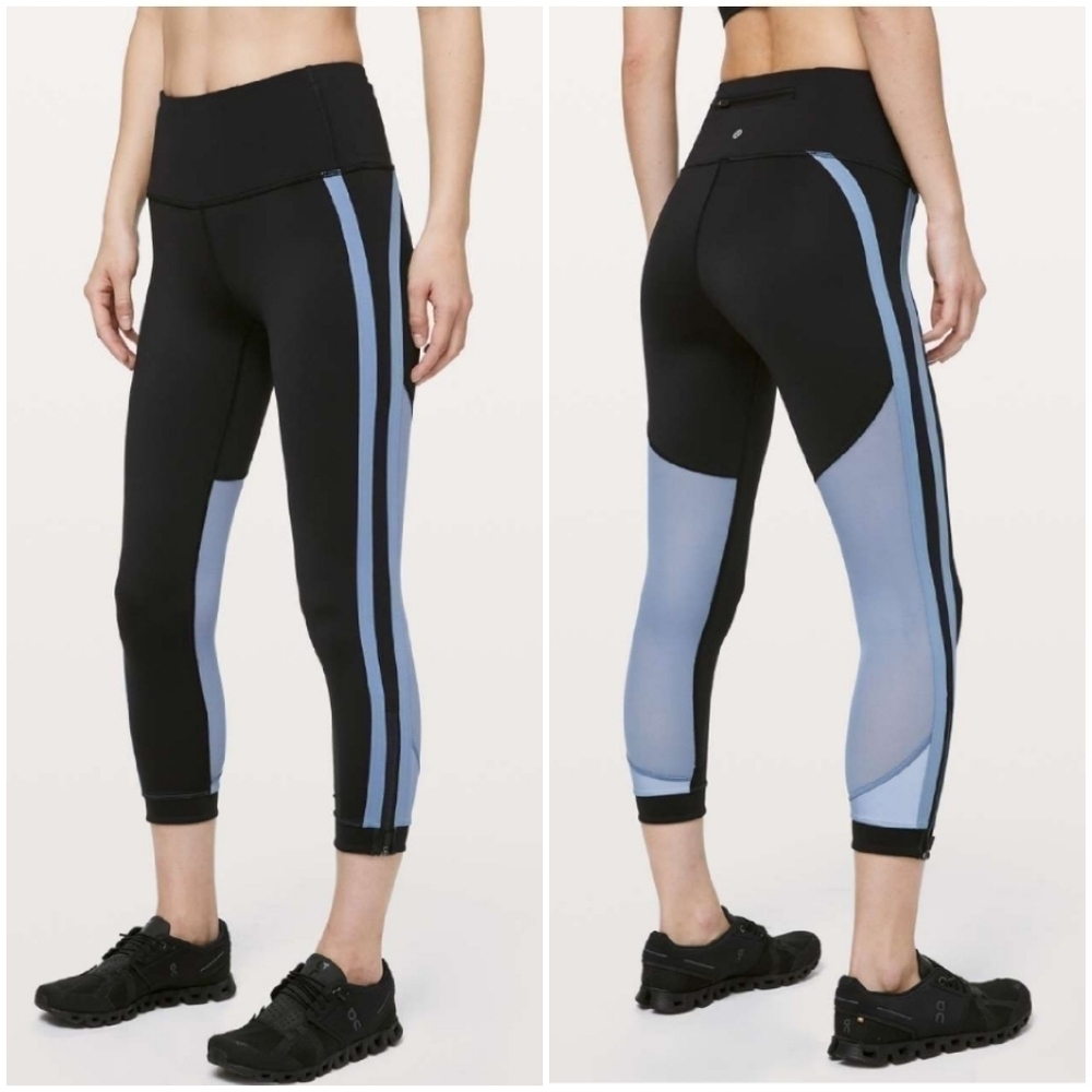 Lululemon Zip The Line Crop Leggings Black with Blue & Mesh Details